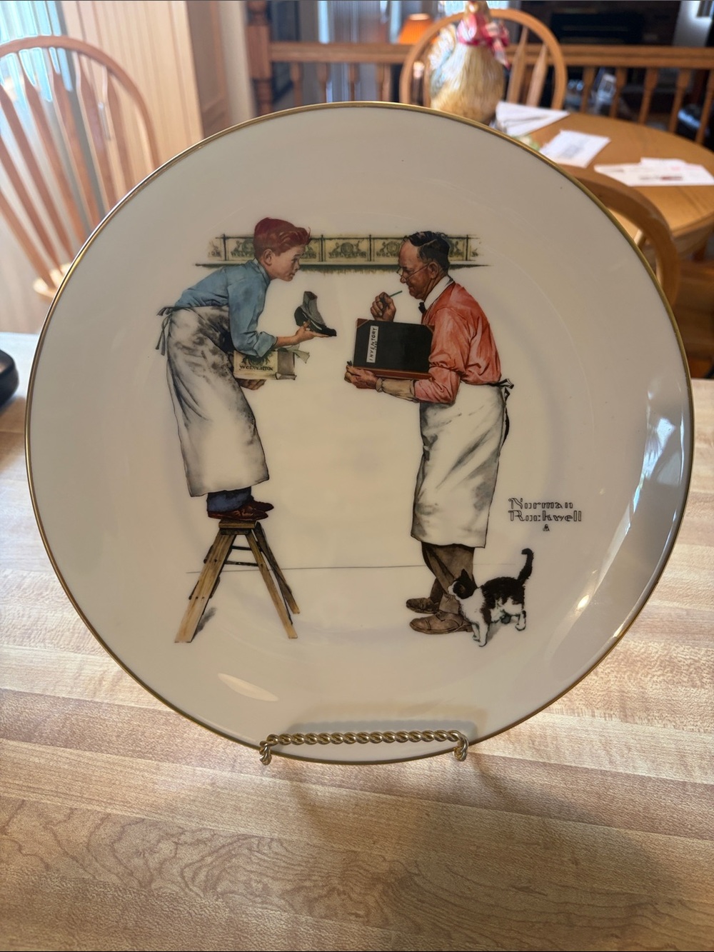 Norman Rockwell Plate with Red, Blue, White, Brown, Black Accents